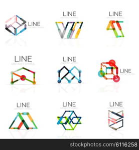 Set of linear abstract logos, connected multicolored segments of lines in geometrical figures. Vector wire business icon collection isolated on white