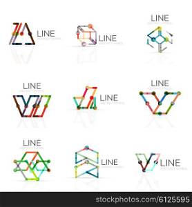 Set of linear abstract logos, connected multicolored segments of lines in geometrical figures. Vector wire business icon collection isolated on white