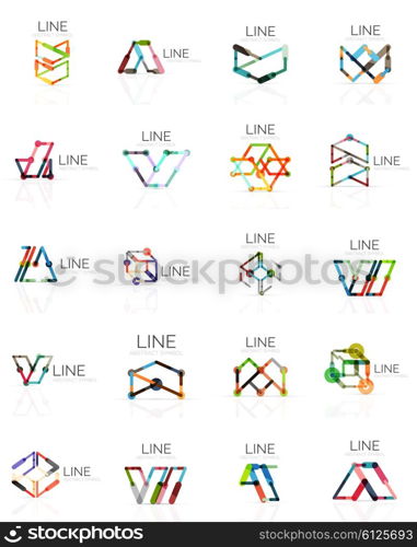 Set of linear abstract logos, connected multicolored segments of lines in geometrical figures. Vector wire business icon collection isolated on white