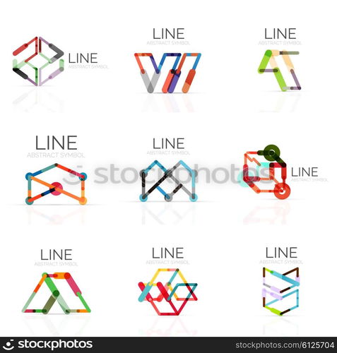 Set of linear abstract logos, connected multicolored segments of lines in geometrical figures. Vector wire business icon collection isolated on white