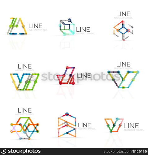 Set of linear abstract logos, connected multicolored segments of lines in geometrical figures. Vector wire business icon collection isolated on white