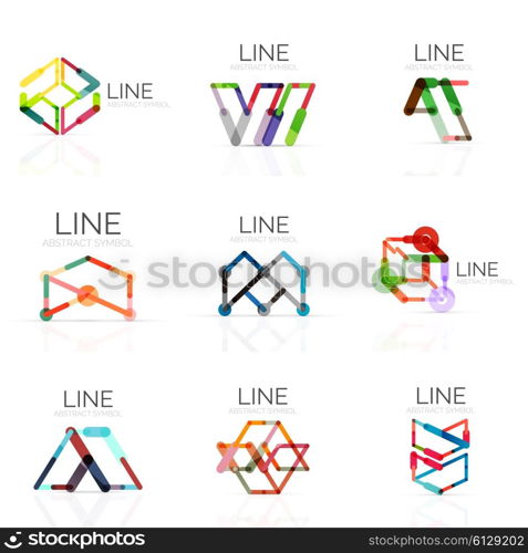 Set of linear abstract logos, connected multicolored segments of lines in geometrical figures. Vector wire business icon collection isolated on white