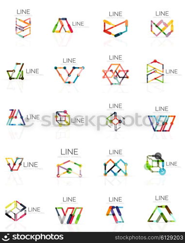 Set of linear abstract logos, connected multicolored segments of lines in geometrical figures. Vector wire business icon collection isolated on white