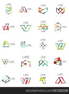 Set of linear abstract logos, connected multicolored segments of lines in geometrical figures. Vector wire business icon collection isolated on white