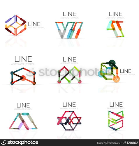 Set of linear abstract logos, connected multicolored segments of lines in geometrical figures. Vector wire business icon collection isolated on white