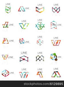 Set of linear abstract logos, connected multicolored segments of lines in geometrical figures. Vector wire business icon collection isolated on white