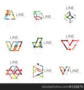 Set of linear abstract logos, connected multicolored segments of lines in geometrical figures. Vector wire business icon collection isolated on white