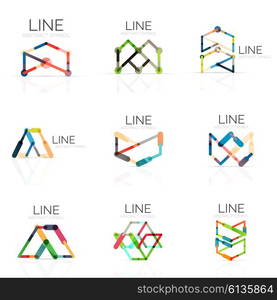 Set of linear abstract logos, connected multicolored segments of lines in geometrical figures. Vector wire business icon collection isolated on white