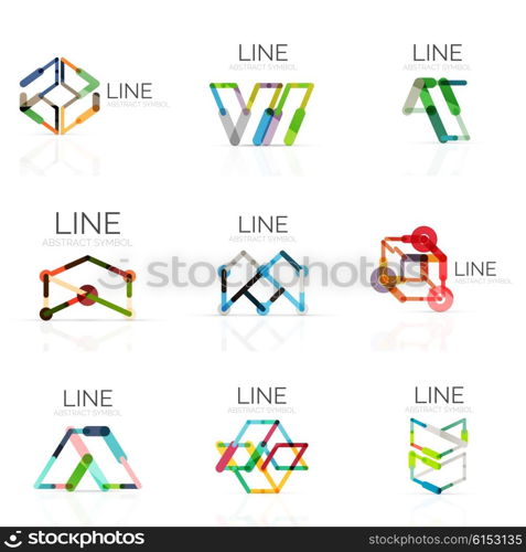 Set of linear abstract logos, connected multicolored segments of lines in geometrical figures. Vector wire business icon collection isolated on white