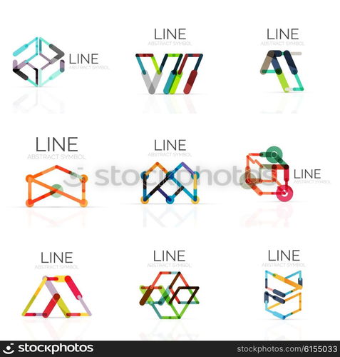 Set of linear abstract logos, connected multicolored segments of lines in geometrical figures. Vector wire business icon collection isolated on white