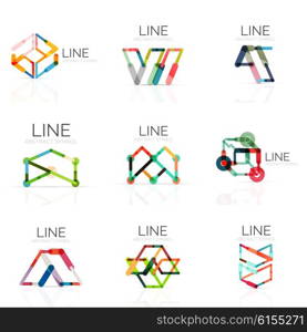 Set of linear abstract logos, connected multicolored segments of lines in geometrical figures. Vector wire business icon collection isolated on white