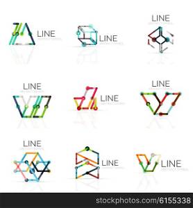 Set of linear abstract logos, connected multicolored segments of lines in geometrical figures. Vector wire business icon collection isolated on white