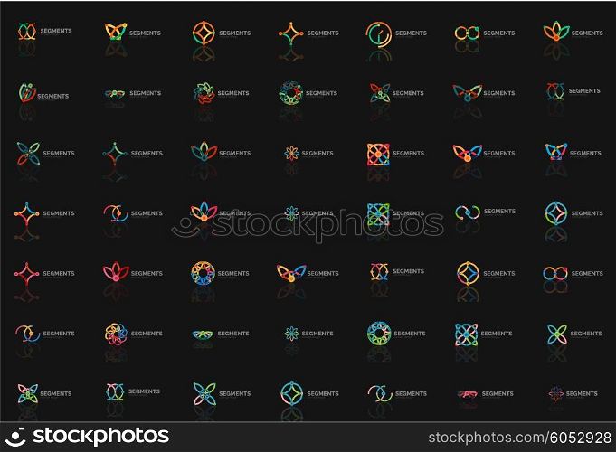 Set of linear abstract logos. Swirl, circle, infinity loop and other concepts. Logotype brand templates. Vector illustration
