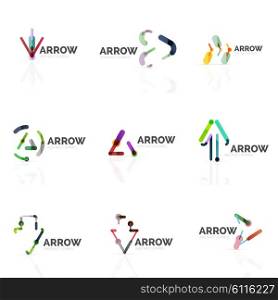Set of linear arrow abstract logos, connected multicolored segments of lines in directional pointer figures. Vector wire business icon collection isolated on white