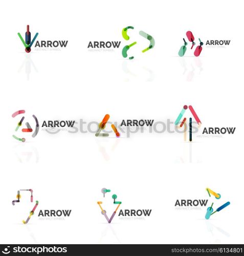 Set of linear arrow abstract logos, connected multicolored segments of lines in directional pointer figures. Vector wire business icon collection isolated on white