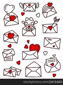 Set of linear hand drawn doodles. envelopes, letters with love and hearts, arrows, flowers and rainbow. Vector illustration. Isolated elements on white background for valentines, design and decoration