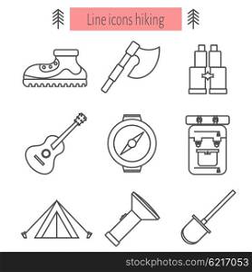 Set of linear icons. Linear icons hiking ax, binoculars, tents, guitar, backpack, flashlight, &#xA;boots. Illustration of equipment for hiking. Stock vector