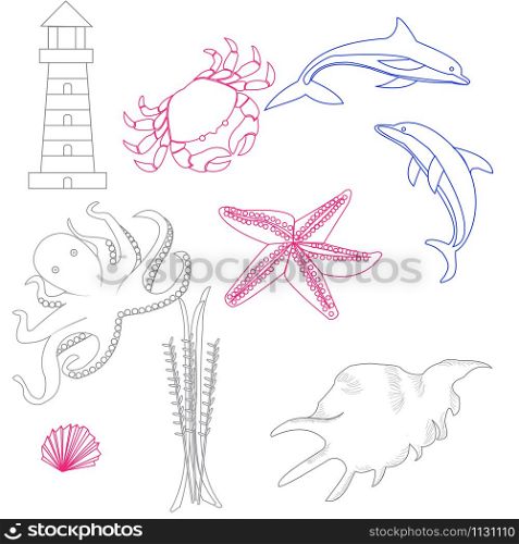 set of linear icons on the marine theme, isolated on white background. set of linear icons on the marine theme