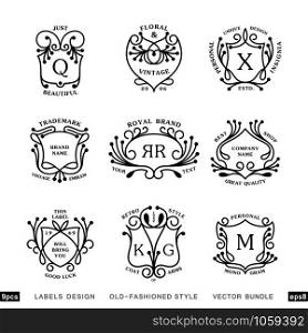 Set of linear vintage heraldry designs. Bundle of nine monograms template. Ready vector labels. Set of linear vintage heraldry designs. Bundle of nine monograms template. Vector labels