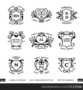 Set of linear vintage heraldry designs. Bundle of nine monograms template. Ready vector labels. Set of linear vintage heraldry designs. Bundle of nine monograms template. Vector labels