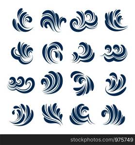 Set of linear water wave elements. Waves line icons. Vector illustration.