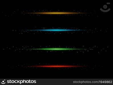 Set of lines lighting sparkling glitter dust isolated on black background. Vector graphic illustration
