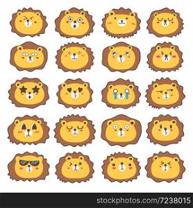 Set of lion face emoticons, Cute lion character design. Vector illustration.