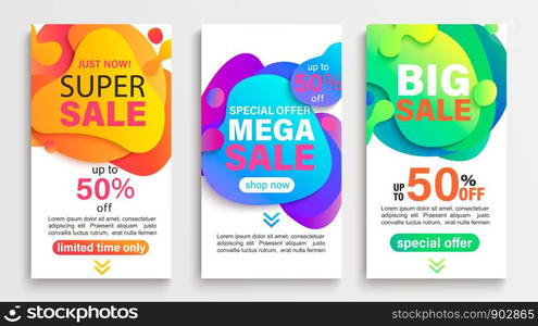 Set of liquid abstract sale banners. Discounts and promotions posters and flyers. Fluid gradient dynamic elements for advertise, mobile flash messages, social post, presentations. Vector illustration.. Set of liquid abstract sale banners.