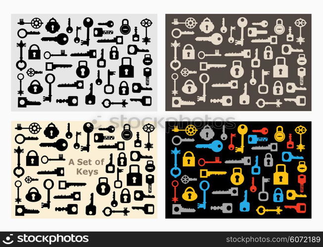 Set of locks and keys of various shapes and colors for design and creativity