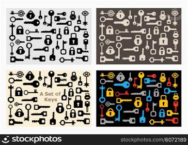 Set of locks and keys of various shapes and colors for design and creativity