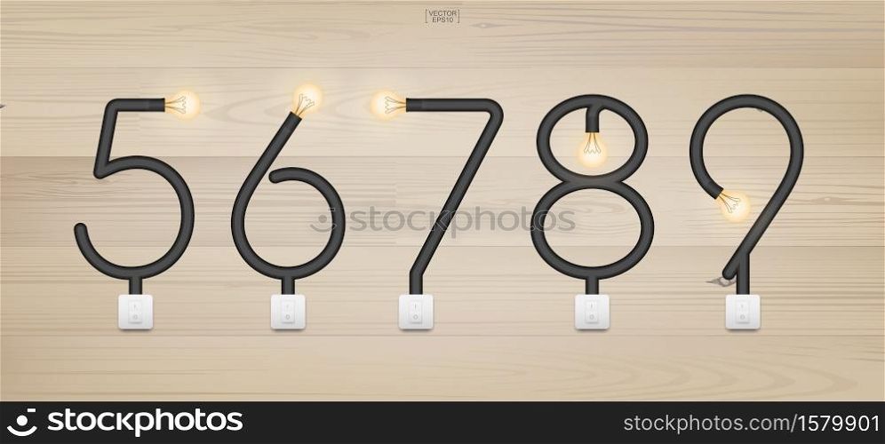 Set of loft alphabet and numbers. Abstract alphabet of light bulb and light switch on wood background. Vector illustration.