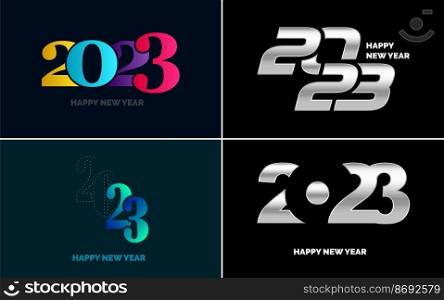 Set of logo design 2023 Happy New Year. 2023 number design template. Christmas decor 2023 Happy New Year symbols. Modern Xmas design for banner. social network. cover and calendar