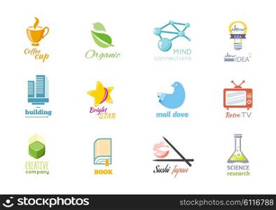 Set of logo design flat icon isolated. Mail dove logo, retro tv logo, book logo, sushi logo, research science logo, logo design, logo elements, logotype and logo icons, business company illustration