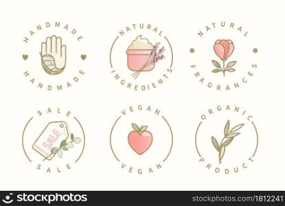 Set of logo for handmade, natural ingredients and fragrances, sale, vegan and organic product.Icons,labels for menu, packaging,packing, cosmetology, production.Vector illustration in flat style.. Handmade,natural ingredients,sale,organic logo.