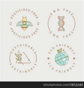 Set of logo for pesticides and gmo free, sustainable and eco friendly product. Icons,labels for menu, packaging,packing, cosmetology, production.Vector illustration in flat style.. Pesticides,gmo free, sustainable,eco product logo.