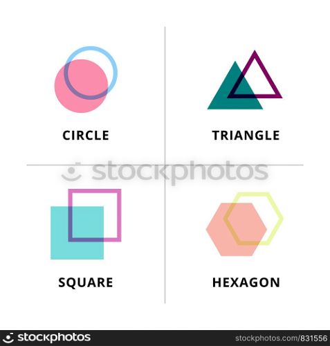 set of logo geometric overlapping isolated on white background. Circle, triangle, square, hexagon symbols. Vector illustration