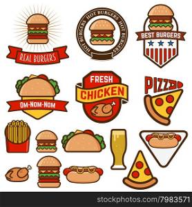 Set of logo, labels, stickers and logotype elements for fast food restaurant, cafe, hamburger and burger. Vector illustration.