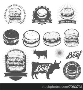 Set of logo, labels, stickers and logotype elements for fast food restaurant, cafe, hamburger and burger. Vector illustration.