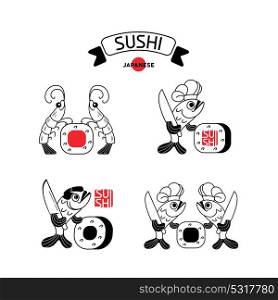 Set of logos of sushi with shrimp and fish. Shrimp, fish and sushi. Vector illustration, sign, emblem. Isolated on a light background. Logo for a Japanese restaurant.