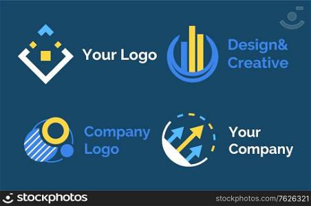 Set of logos presented in flat design style on blue, innovation and technology vector. Company logotypes template, geometric or round label with lines. Set of Logo Presented in Flat Design Style on Blue