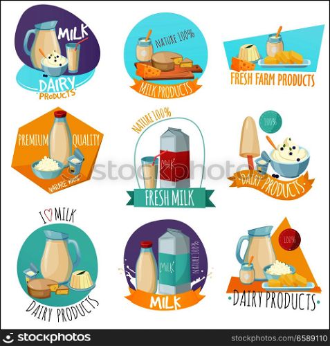 Set of logos with dairy products including milk curd butter cheese and design elements isolated vector illustration . Dairy Products Set Of Logos