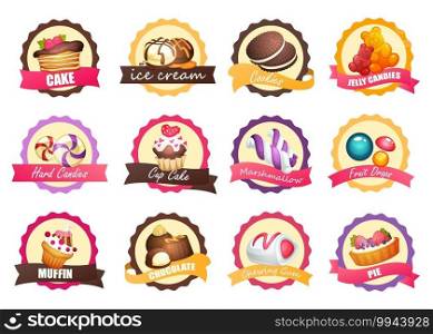Set of logos with various sweets, vector illustration. Pastry with raspberries, ice cream, chocolate, jelly bear. Hard candy, colored marshmallows, fruit drops, berry muffin, chewing gum, pie. Set of logos with various sweets