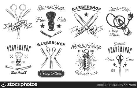 Set of logotype for barbershop in black and white style. Emblems with tools and letterings. Barber shop logo flat vector design. Hairdressing salon signboard with equipment icons vintage retro symbol. Set of logotype for barbershop in black and white style. Emblems with tools and letterings