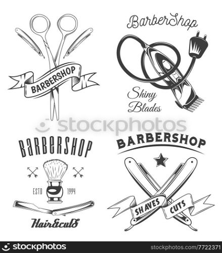Set of logotype for barbershop in vintage style. Barber shop logo flat vector design emblem with barber objects sign and lettering. Hairdressing salon signboard. Style haircut banner poster. Logotype for barbershop vintage style. Barber shop logo emblem with barber object sign and lettering
