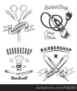 Set of logotype for barbershop in vintage style. Barber shop logo flat vector design emblem with barber objects sign and lettering. Hairdressing salon signboard. Style haircut banner poster. Logotype for barbershop vintage style. Barber shop logo emblem with barber object sign and lettering