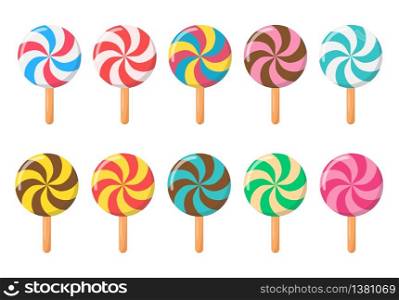 Set of lollipops in various different color isolated on white background. Sweet food concept. Vector stock