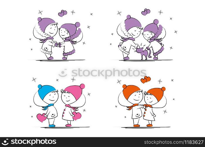 Set of love couple,doodle male and female in winter clothes isolated on white background,vector illustration. Set of love couple