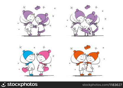Set of love couple,doodle male and female in winter clothes isolated on white background,vector illustration. Set of love couple