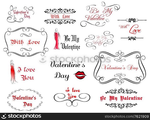 Set of love Valentine&rsquo;s calligraphic headlines with design elements