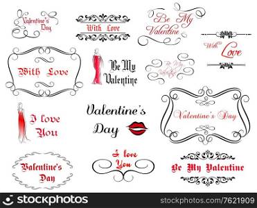 Set of love Valentine&rsquo;s calligraphic headlines with design elements